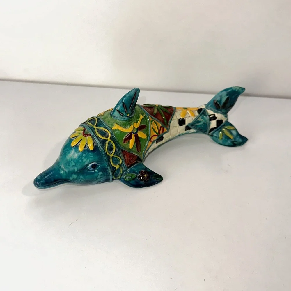 DOLPHIN MEXICAN FOLK Art Ceramic Figure Boho Y2K Decor Colorful 8